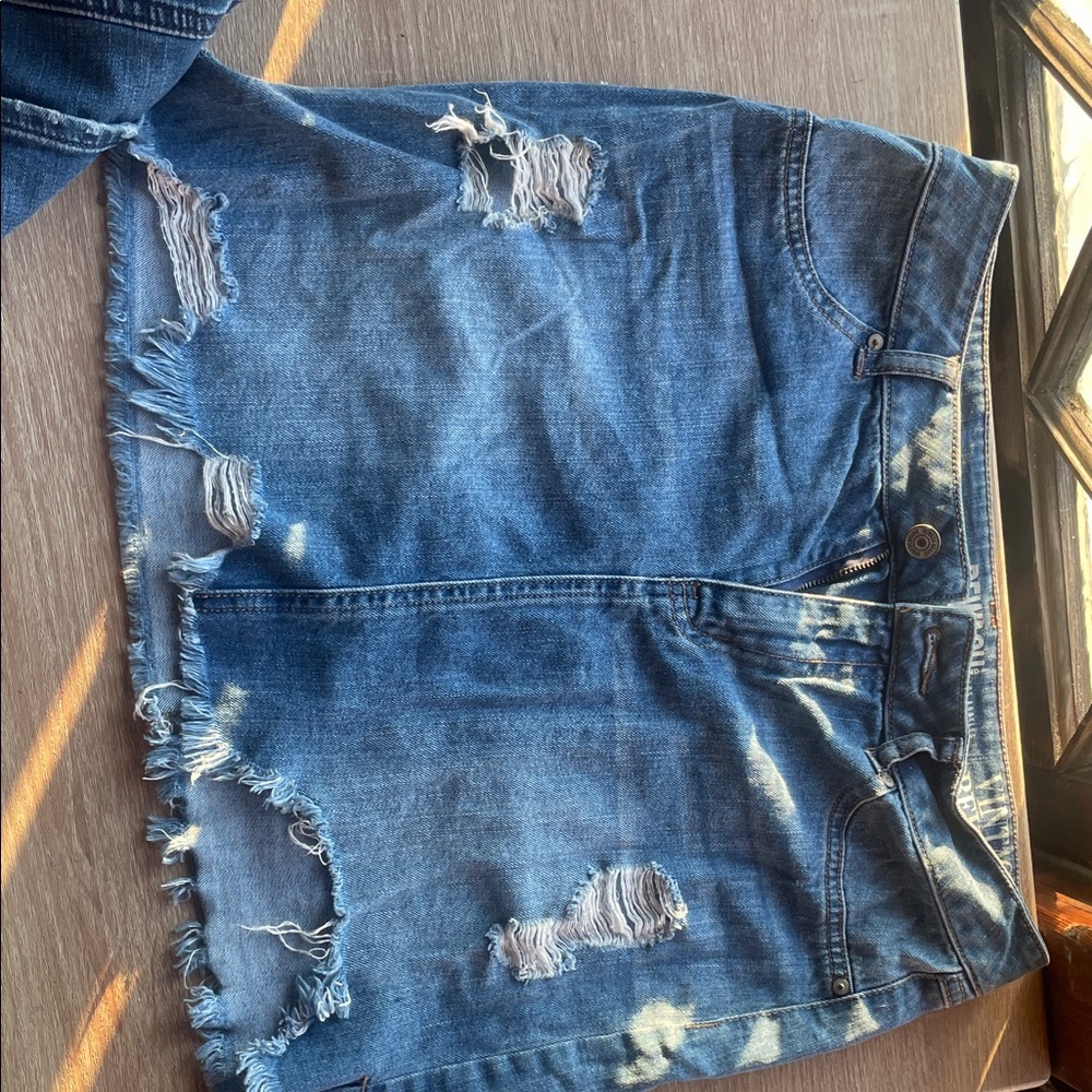 Rewash Distressed Denim Skirt - Blue